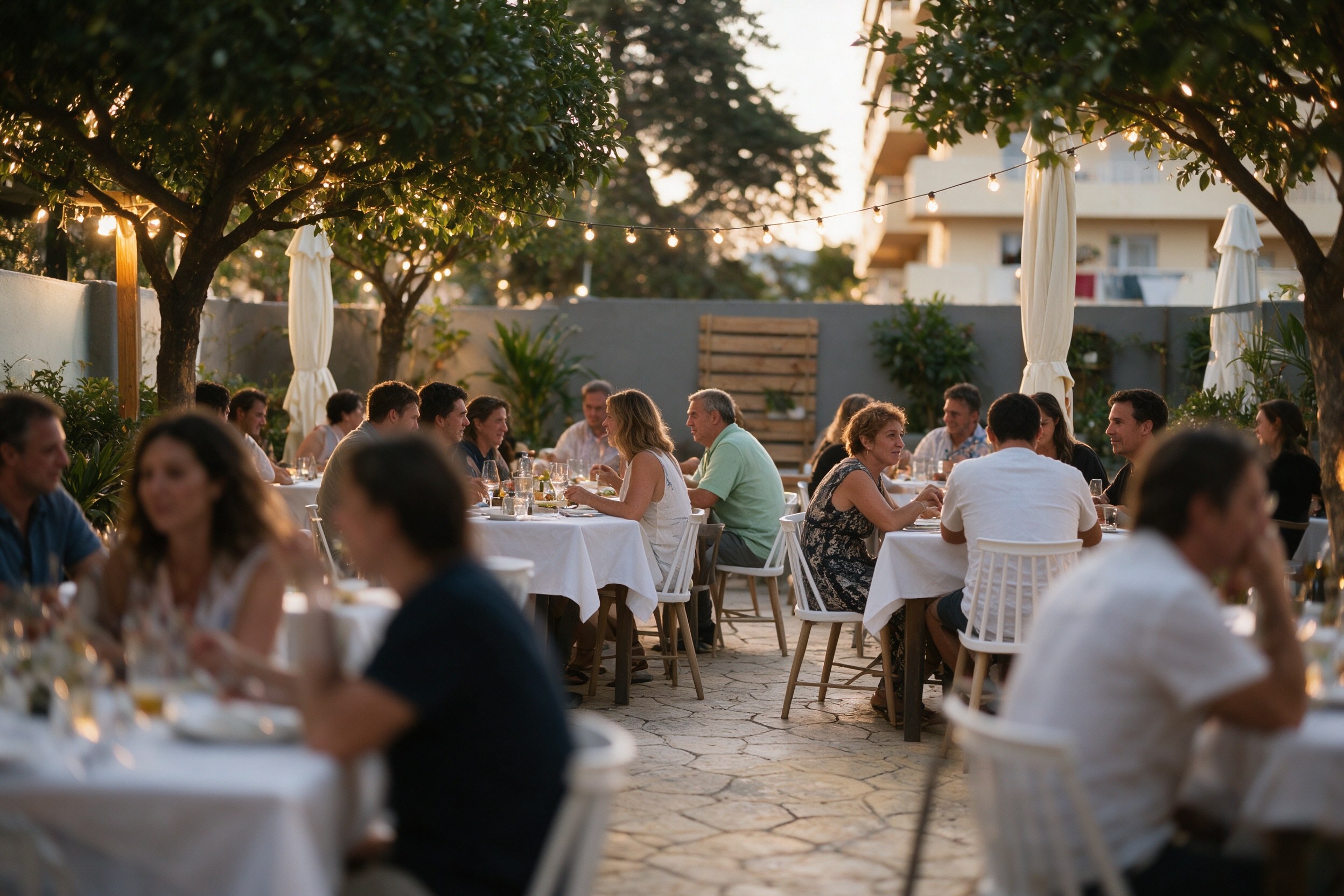 Terraza exterior del restaurante llena de mesas con mantel blanco al anochecer