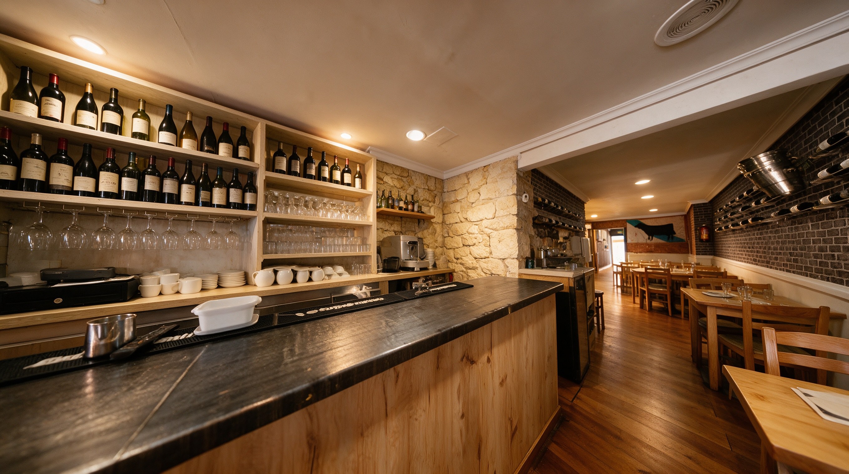 Interior de taberna gallega con barra de madera y estanterías de vino y copas