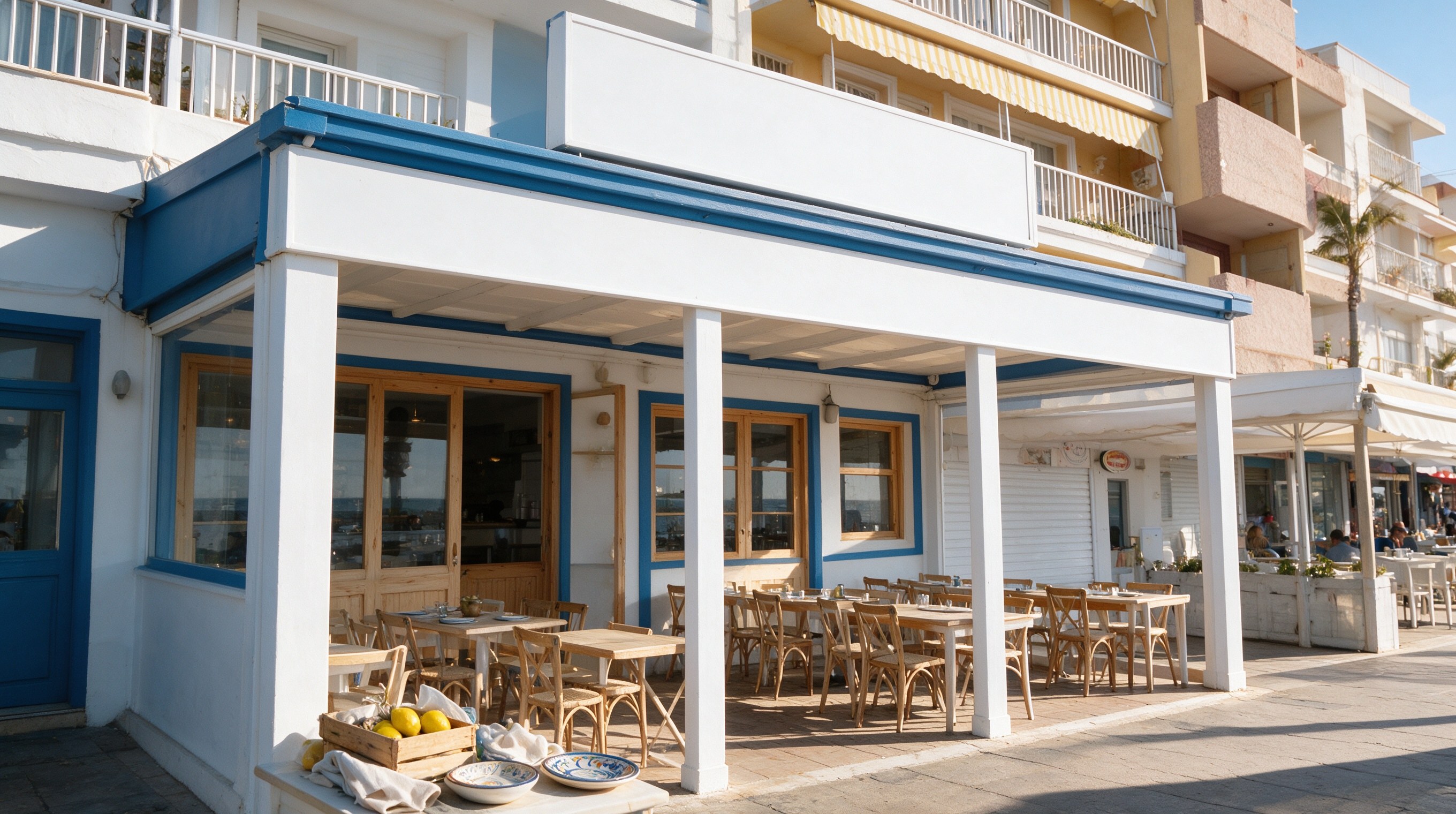 Fachada blanca y azul de una pulpería gallega en el paseo marítimo de Fuengirola